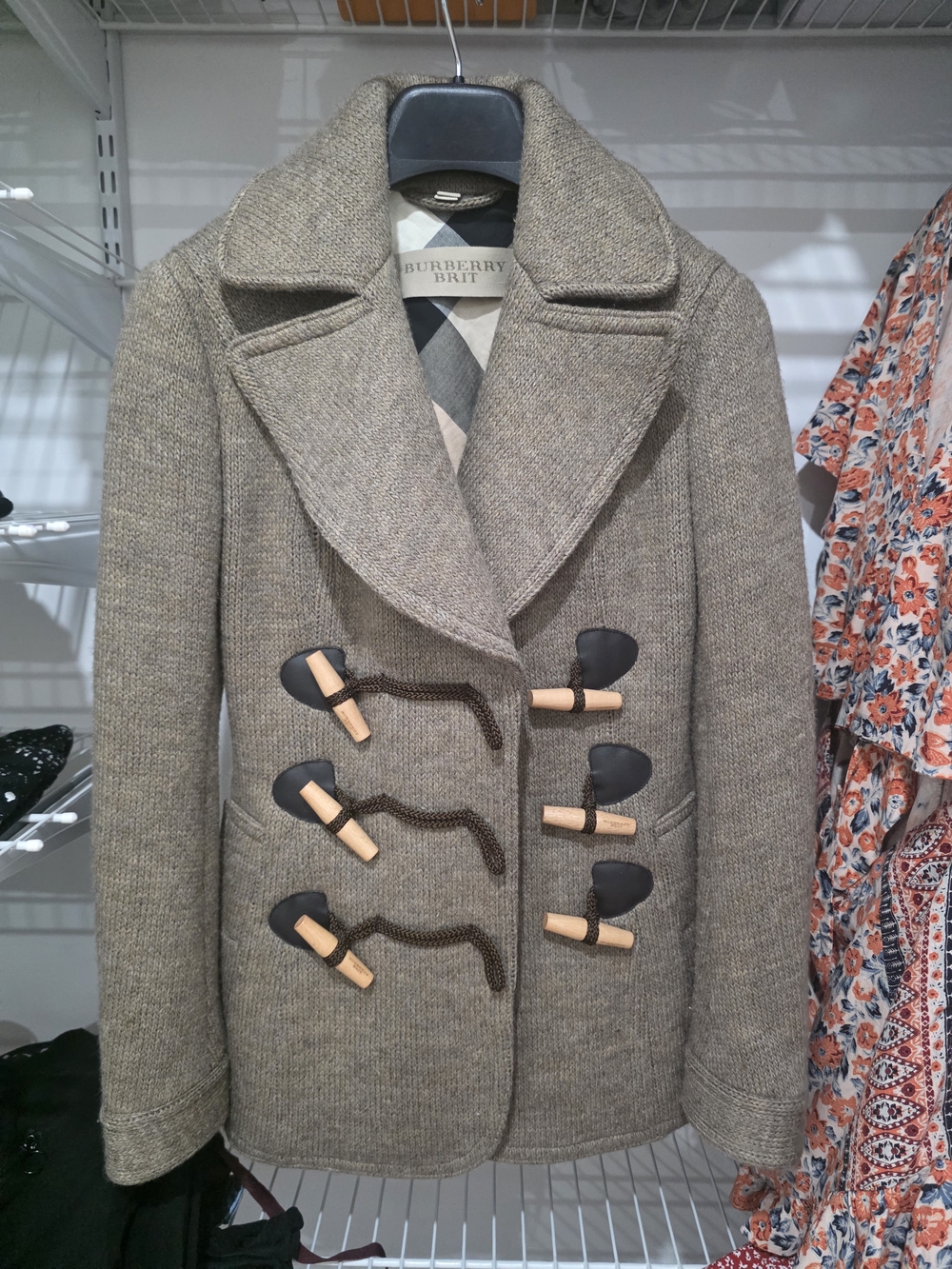 Burberry Brit Beige Taupe Wool Toggle Pea Coat
